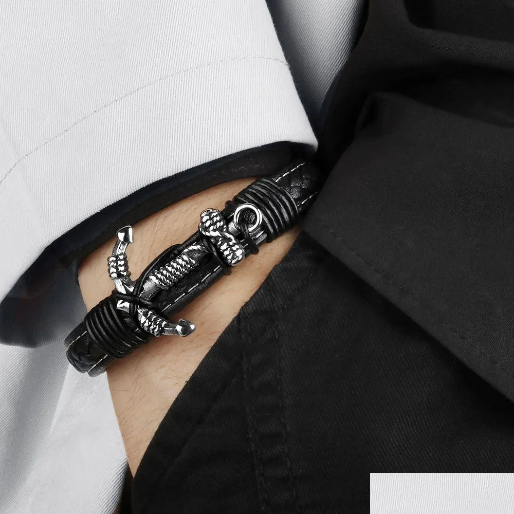 Цепные мужские винтажные якорные кожаные браслетные браслет mtilayer манжета -манжета веревочный браслет Черный шнур запясть