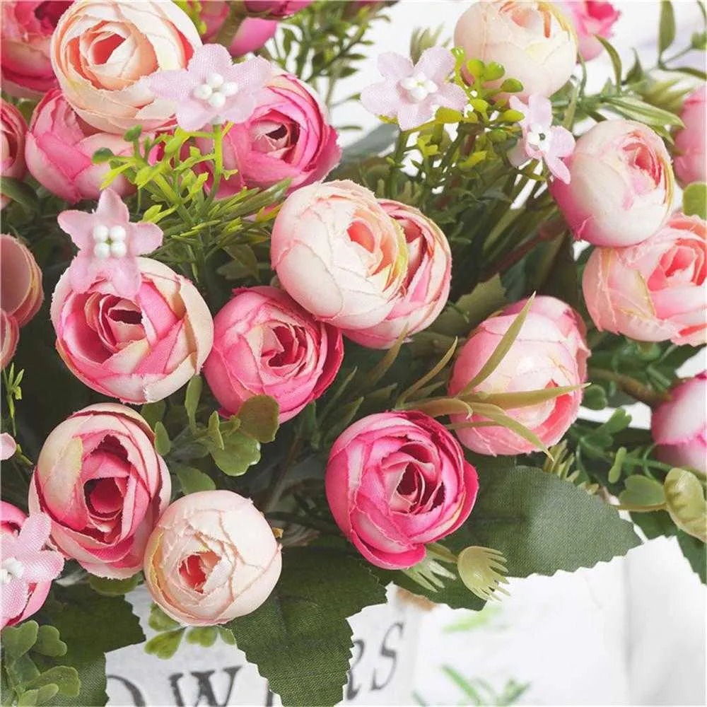 Gedroogde bloemen Boekethoofden Kunstmatige Rose Tea Flower Silk Fake flores voor DIY Home Garden Wedding Decoration