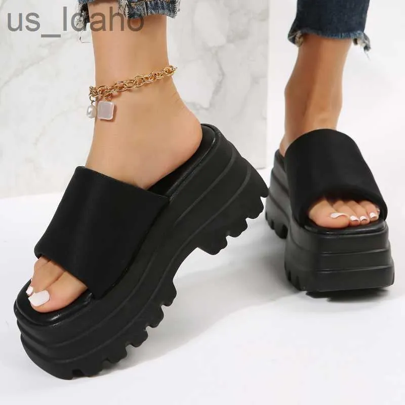 Hausschuhe 2023 Sommer Marke Neue Frauen Single Band Plattform Sandalen Schwarz Nylon Chunky Plattform Keile Slipper Sandalen J230620