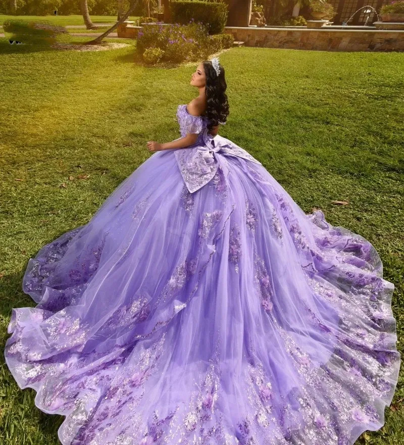 Лавандовые платья Quinceanera с бантом и аппликацией Vestidos De 15 Anos, тюлевые кружевные платья с бисером и бисером для мексиканских девочек на день рождения