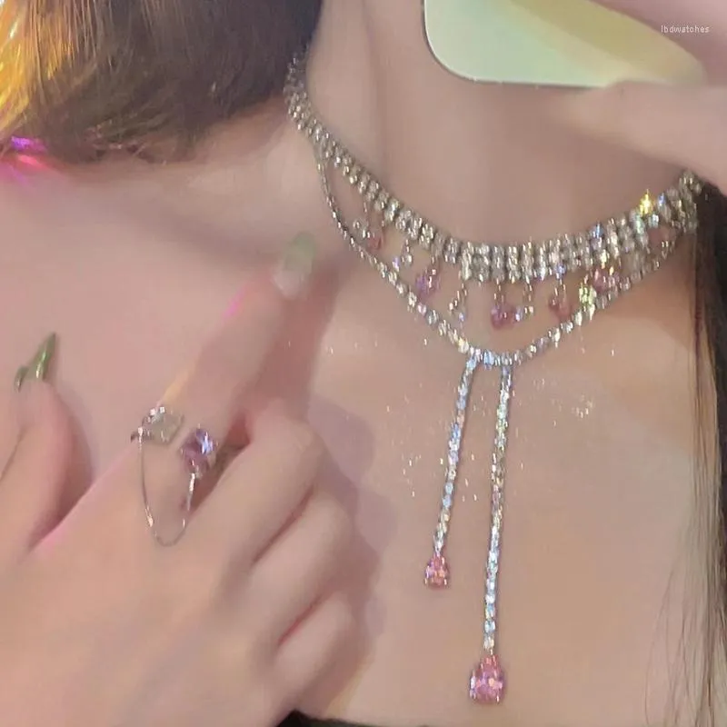 Hänge halsband mode silver färg full strass choker för kvinnor rosa hjärtkristall bröllop smycken fest gåvor