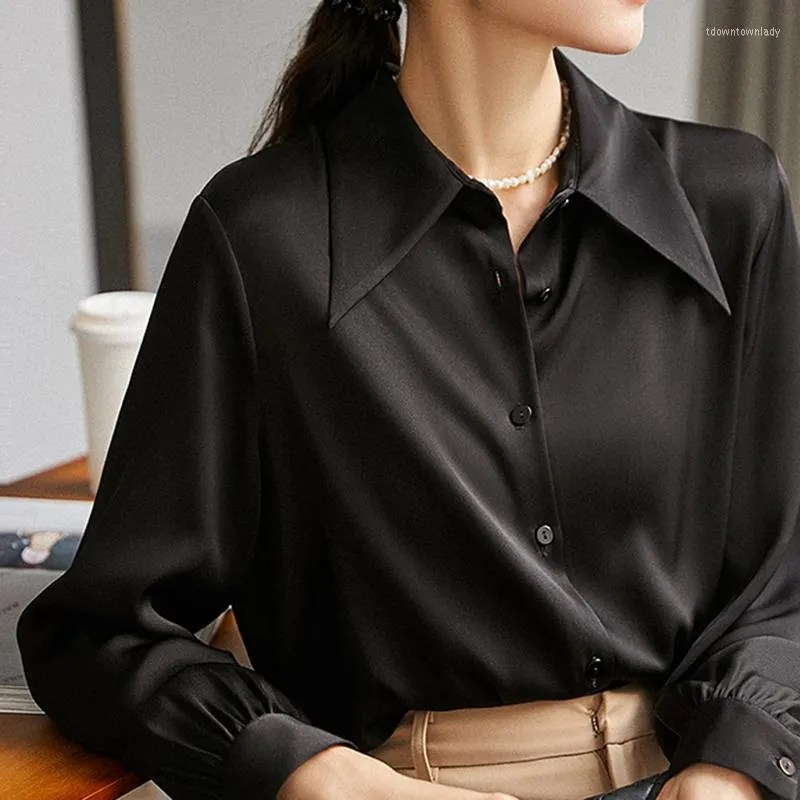 Damesblouses Elegant Wit Zijden Damesshirt Casual Losse Dame Top Lange mouw Zwart Satijnen Blouse Vrouw Single-breasted Mode