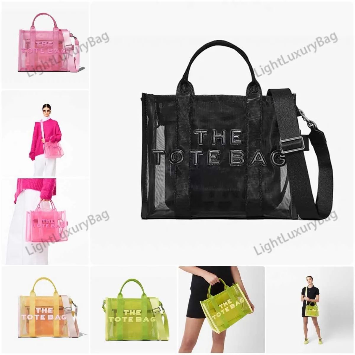 Designer Small With M seathrough J Leather Outer och fodermärken Aron Candy Color Handbag Mesh Alfabet Portable Summer Bag 230223