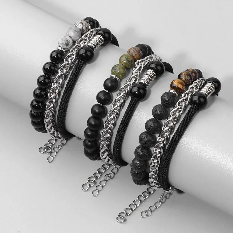 Charmarmband Herrmatta svart glas rostfritt stålkedjekombination Set Three Piece Handvävda smycken Trend Naturliga stenpärlor