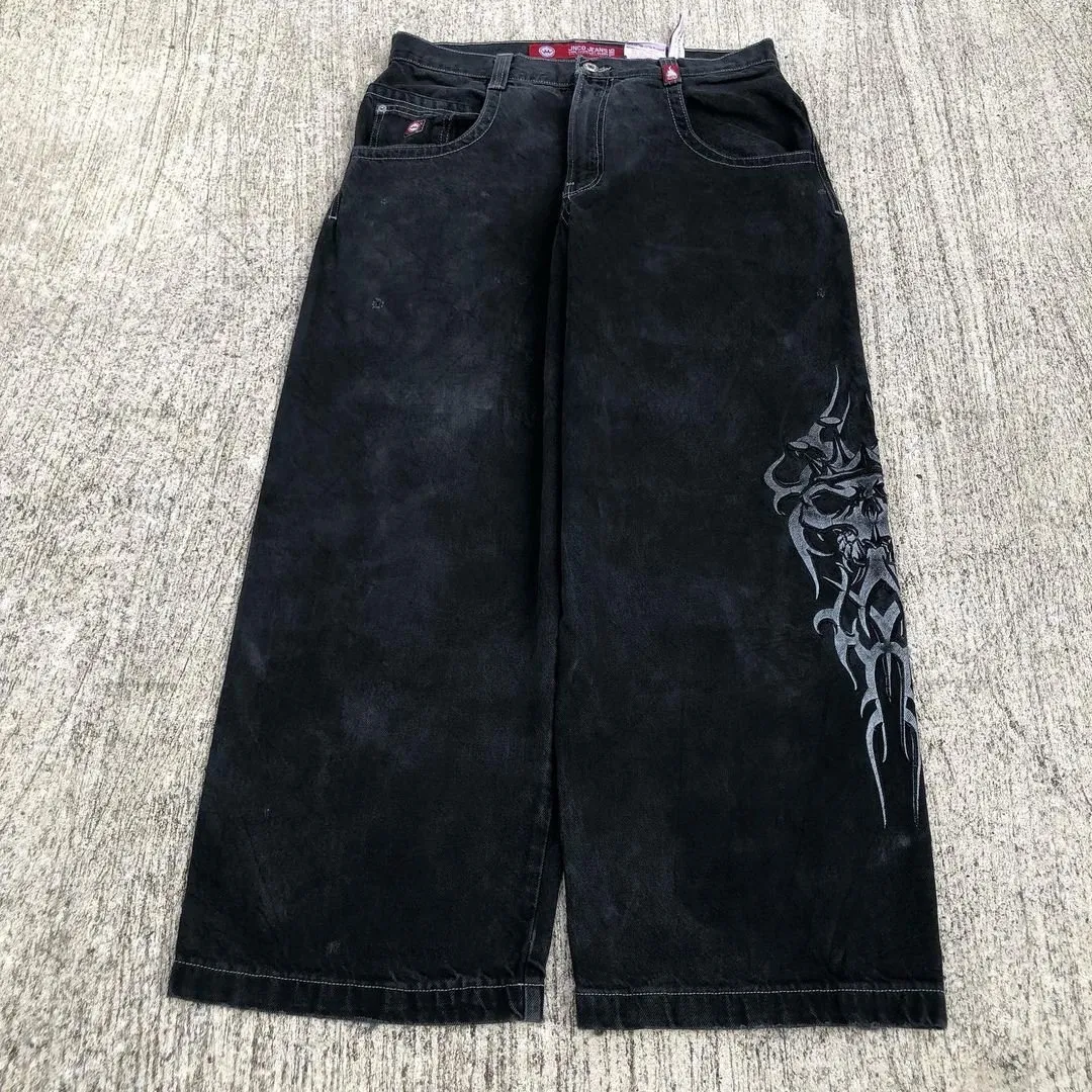 Men's Jeans Gothic Skull Embroidered Cropped Pants Black Jeans Streetwear Y2K Fashion Korean Fashion Pants Teens Rap Baggy Jeans 230620