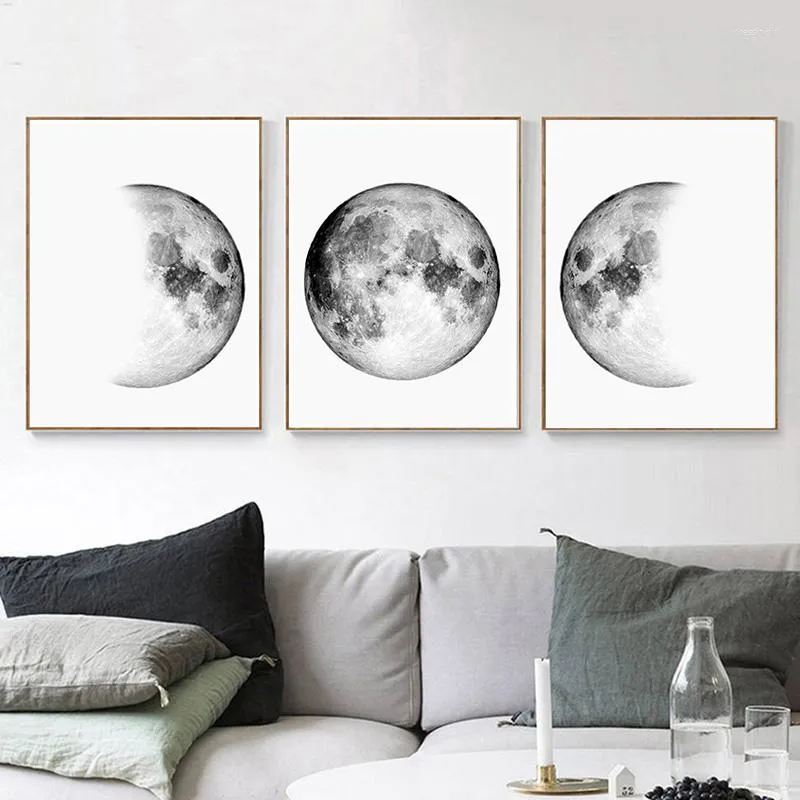 Obrazy Minimalistyczne czarno -białe ścienne sztuka płótna Plakaty Malowanie Plakaty Księżyc Fazy Ziemia Zdjęcia Drukuje dekorację wnętrz do domu