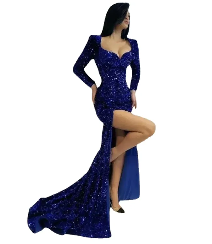 Sexy Haute Fentes Robes De Soirée Manches Longues Paillettes Paillettes Sirène Formelle Robes De Bal Balayage Train Arabe Aso Ebi Femmes robe de soirée