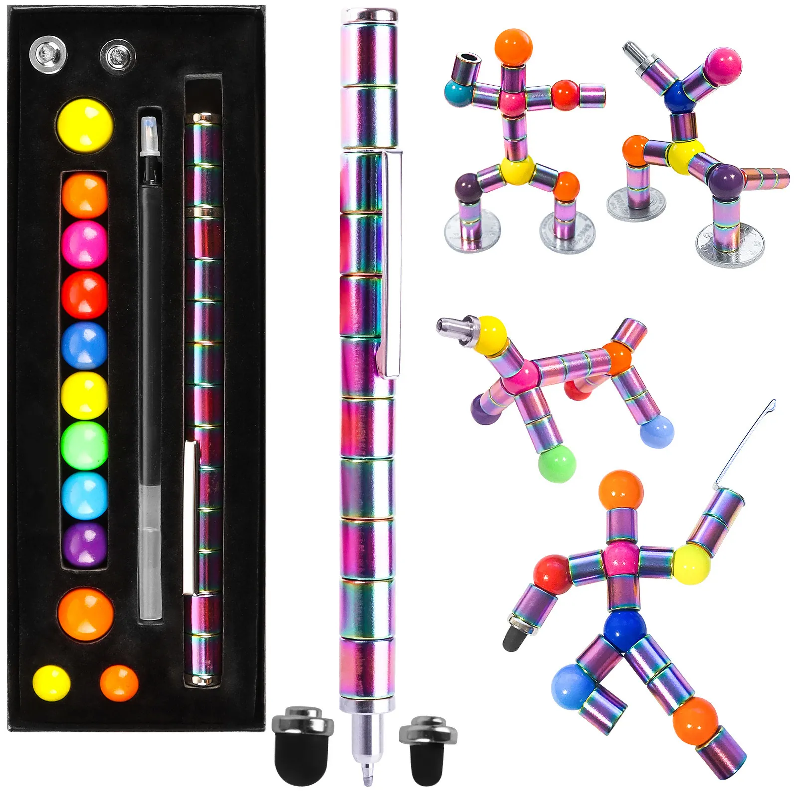 Ballpoint Pens Magnetic Metal Fidget Pen With Colorful Magnet Balls Multifunctional Deformable Decompression Writing Pen Eliminate Pressure Pen 230620