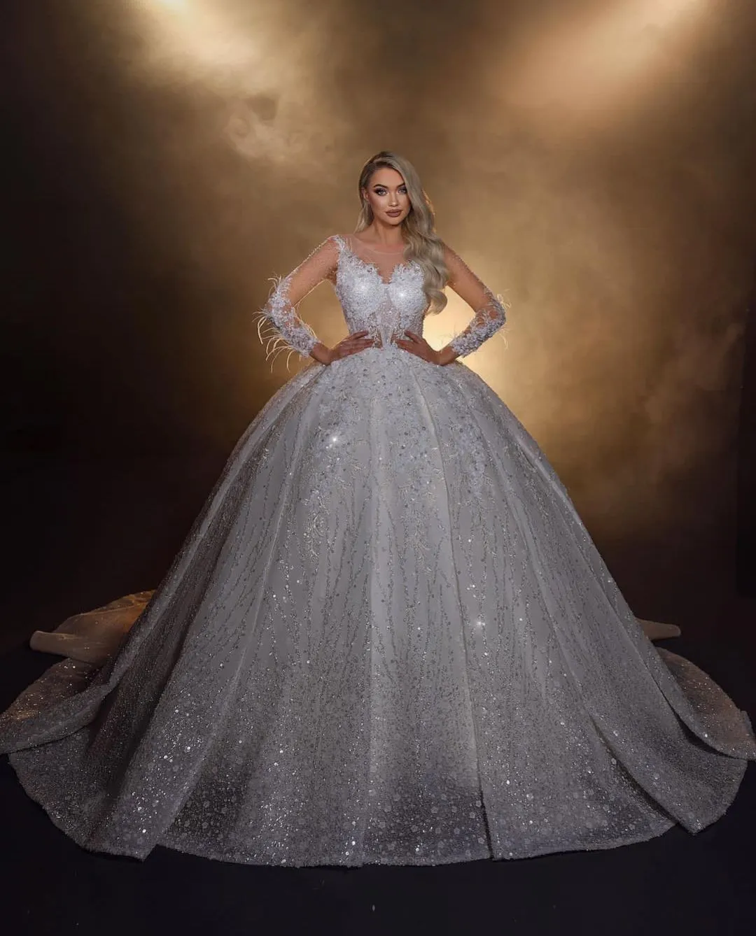 Save Big on Bulk Plus Size Ball Gowns Wedding Dresses Sequin Ball Gowns:  Elegant Long Sleeve V Neck Bridal Dress With Appliqués, Diamonds, Ruffles 