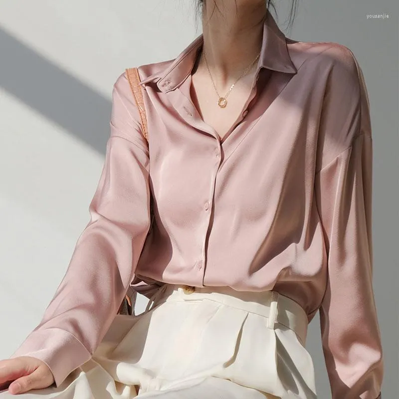 Blusas de mujer, camisa de satén rosa claro, blusa holgada de manga larga con botones lisos para mujer, blusas y blusas elegantes para mujer, ropa de oficina para mujer 2601