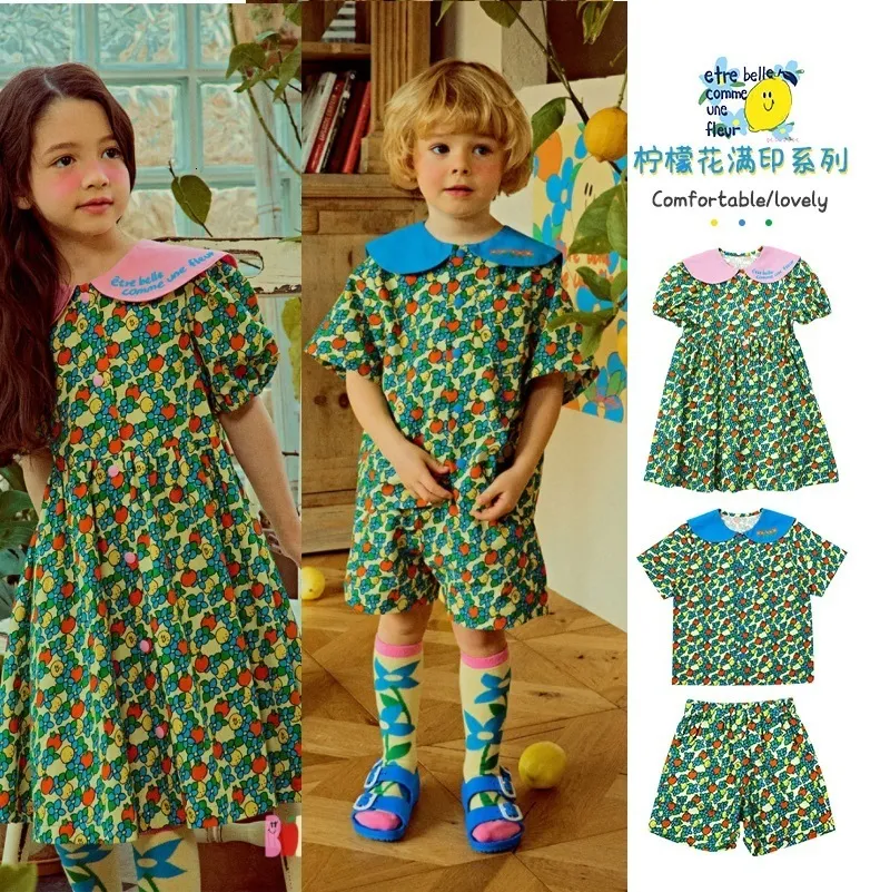 Robes pour filles Robe pour fille Été Vert Imprimé Mode Robe pour enfants Pur coton Mignon Short à manches courtes Ensemble Vêtements pour enfants 230619