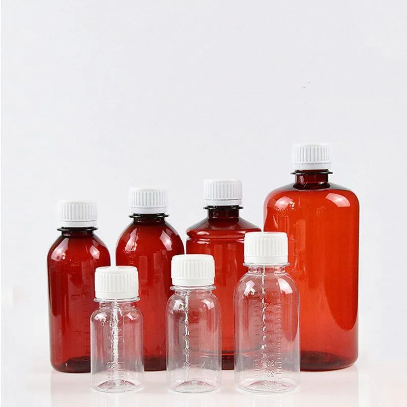 50/60/100/150/200ml Empty clear amber plastic liquid bottle Small sample bottles Measuring scale F1855 Hbeug