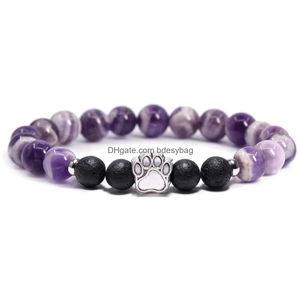 Beaded Lava Stone Bead Dog Paw Bracelet Healing Energy Natural Amethyst Aromatherapy Diffuser Stretch Elastic Yoga Drop Delivery Jew Dhs9V