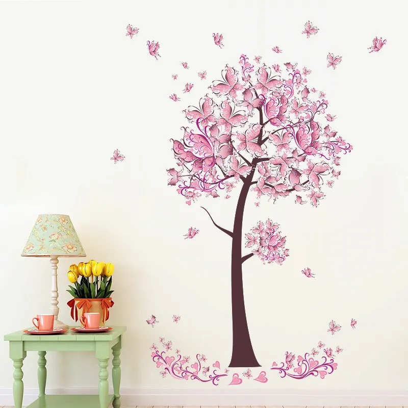 Tree Flower Floral Butterflies Wall Stickers Decals Living Room Bedroom TV Sofa Background Decor Wall Decals Mural