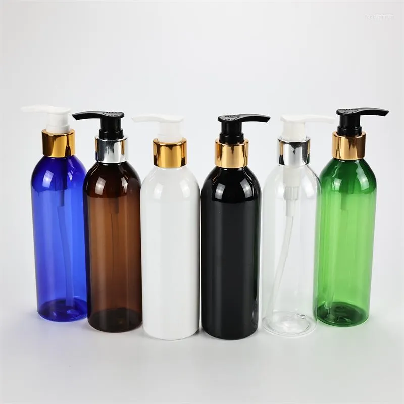 Butelki do przechowywania wielokolorowe 250 ml x 25 plastikowe okrągłe ramię płynne płynne płynne pojemniki na zwierzę z anodowaną pompą aluminiową