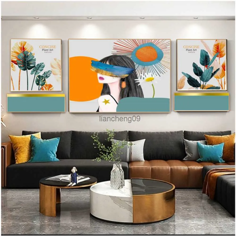 Spring blindfolded girl flower figure geometric pattern landscape drawing living room bedroom decoration mural canvas painting L230620