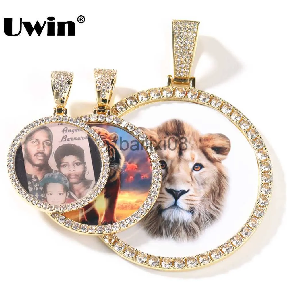 Hanger Kettingen UWIN DIY Medaillon Foto Hanger Neckle Grote Ronde Custom Picture Charms Neckle Iced Out CZ Mode-sieraden voor Memory Gift J230620