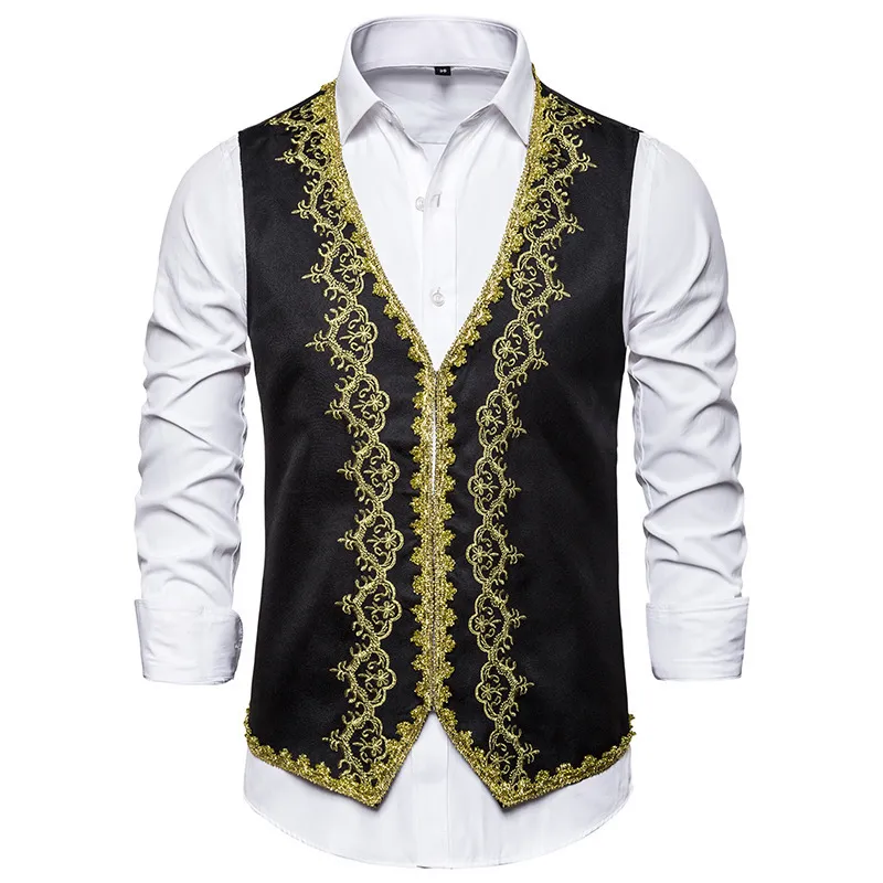 Mäns västar Stylish Gold Embroidery Barock Vest Men Slim Fit Prince Black Vest Waistcoat Men Stage Prom Drama Opera Costume Gilet 230619