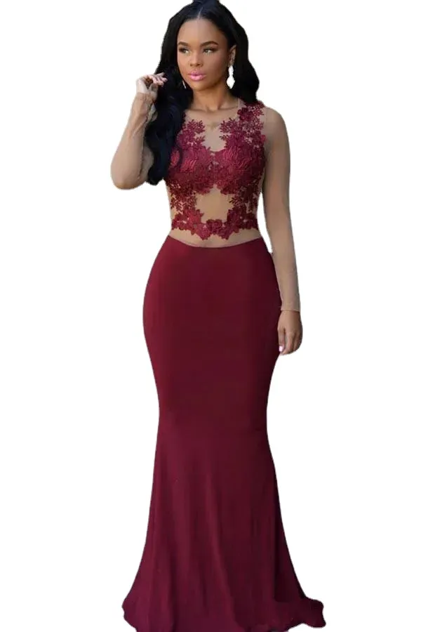 Free Shipping Long Sleeves Burgundy Formal Evening Dresses New Jewel Appliques Mermaid Long Modest Arabic Prom Party Gowns For Woman