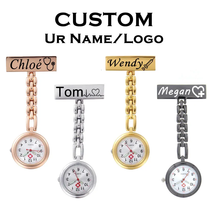 Pocket Watches Customized Engraved Your Name Personalized Lapel Pin Brooch Midwife Doctor Clock Hanging Pocket Nurse Watch 230619