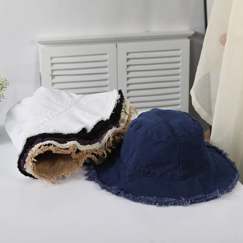 Шляпа шляпы с краями ковша мода Raw Edge Шляпа Summer Sunshade Casual для женщин мужчины, размолочные рыбаки складной вымытый капот 230620