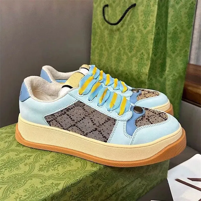 2023 Top Luxury Men Women Screener Sneakers Shoes with Crystals Striped Retro Leather Platform Trainers Bi-color Flatform Sole Couple Skateboard Walking