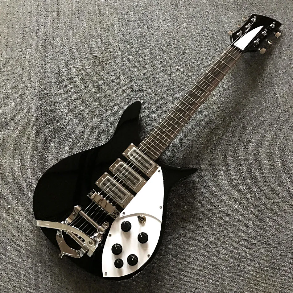 JohnLennon 325 Short Scale Length 527mm 6 String Black Electric Guitar Bigs Tremolo Gloss Paint Fingerboard 5 Degree Angle Heads