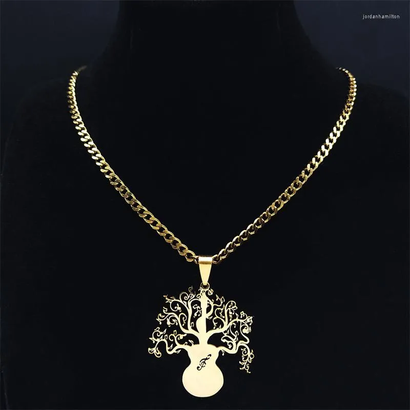 Pendant Necklaces Music Tree Of Life Stainless Steel Guitar Chain Women/Men Gold Color Necklace Jewelry Collares Mujer N7036S06