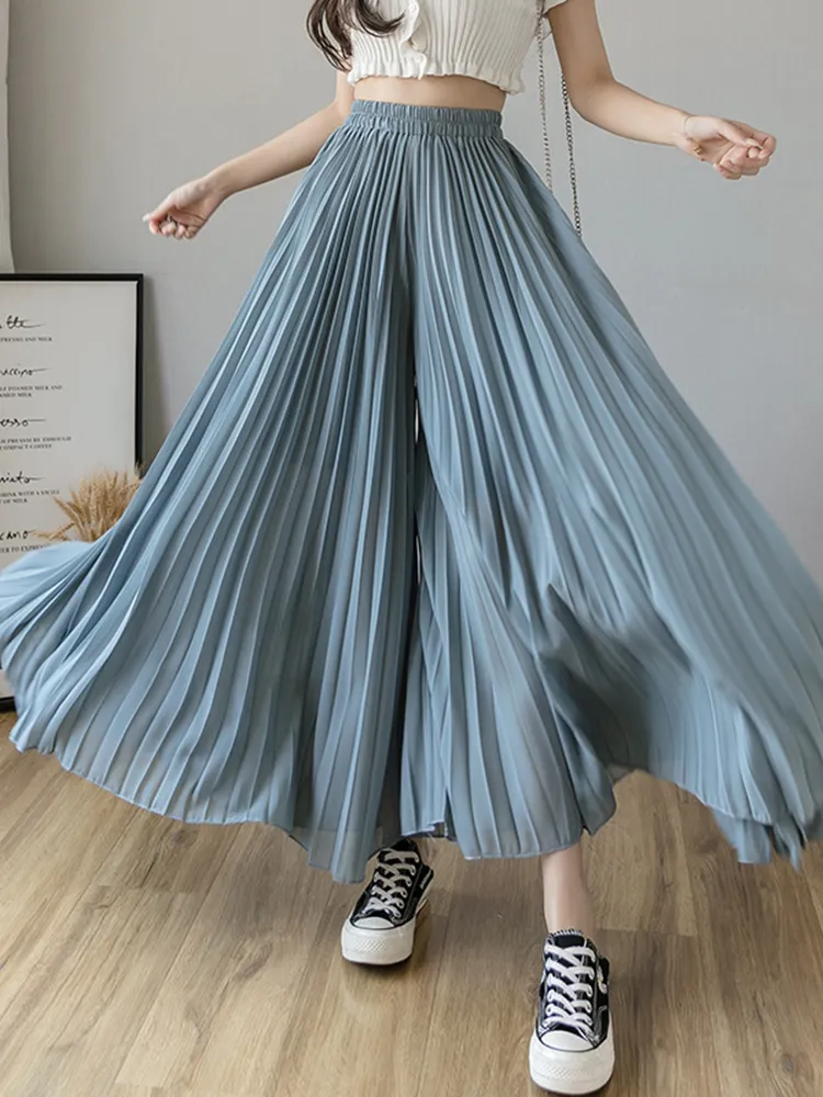 Koreanische Mode Breite Bein Hosen Frauen Elastische Hohe Taille Gefaltete Hosen Sommer Beiläufige Lose Chiffon Hosen Elegante Lange