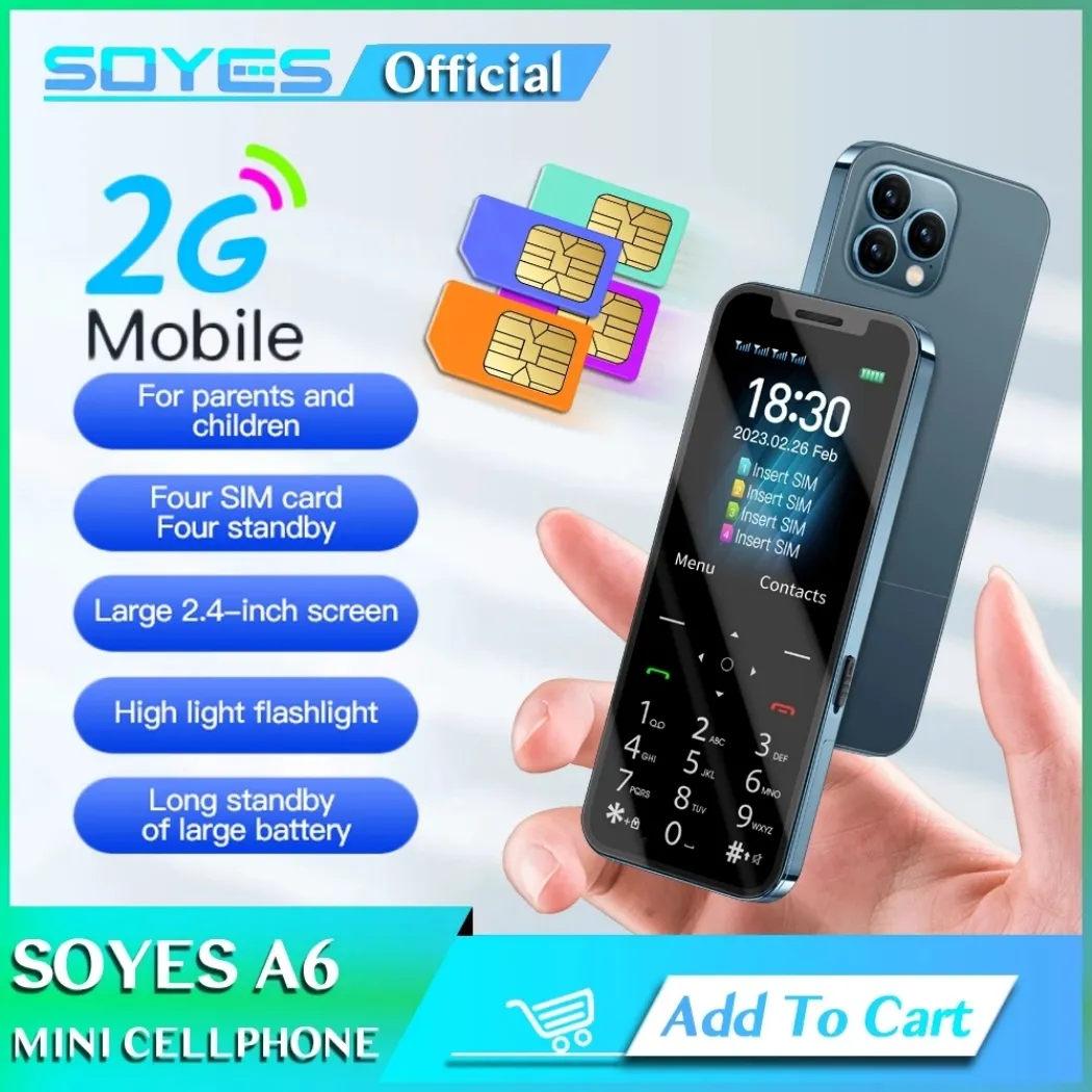 Оригинальный Мобильный Телефон SOYES A6 С 4 Четырьмя SIM Картами В Режиме  Ожидания, Одновременная Разблокировка GSM 2G, Мини Мобильный Телефон, 2,4  Дюйма, Дисплей, 1200 МАч, MP3, FM Радио, Фонарик, Телефон Для Детей