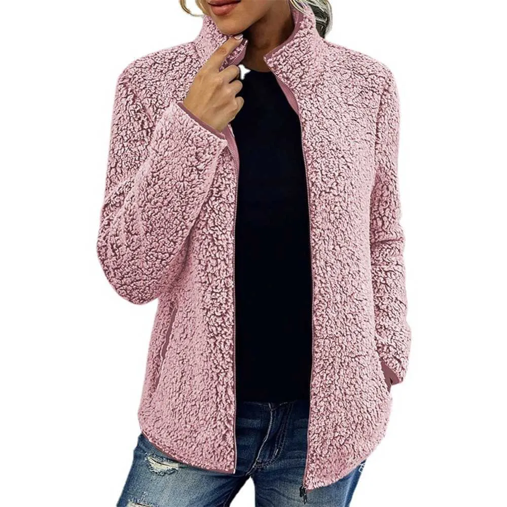 2022 Cuello alto Color sólido Suéter superior Moda casual de mujer Manga larga Cremallera Burbuja Abrigo polar Chaquetas de cuero de imitación chaqueta de mujer