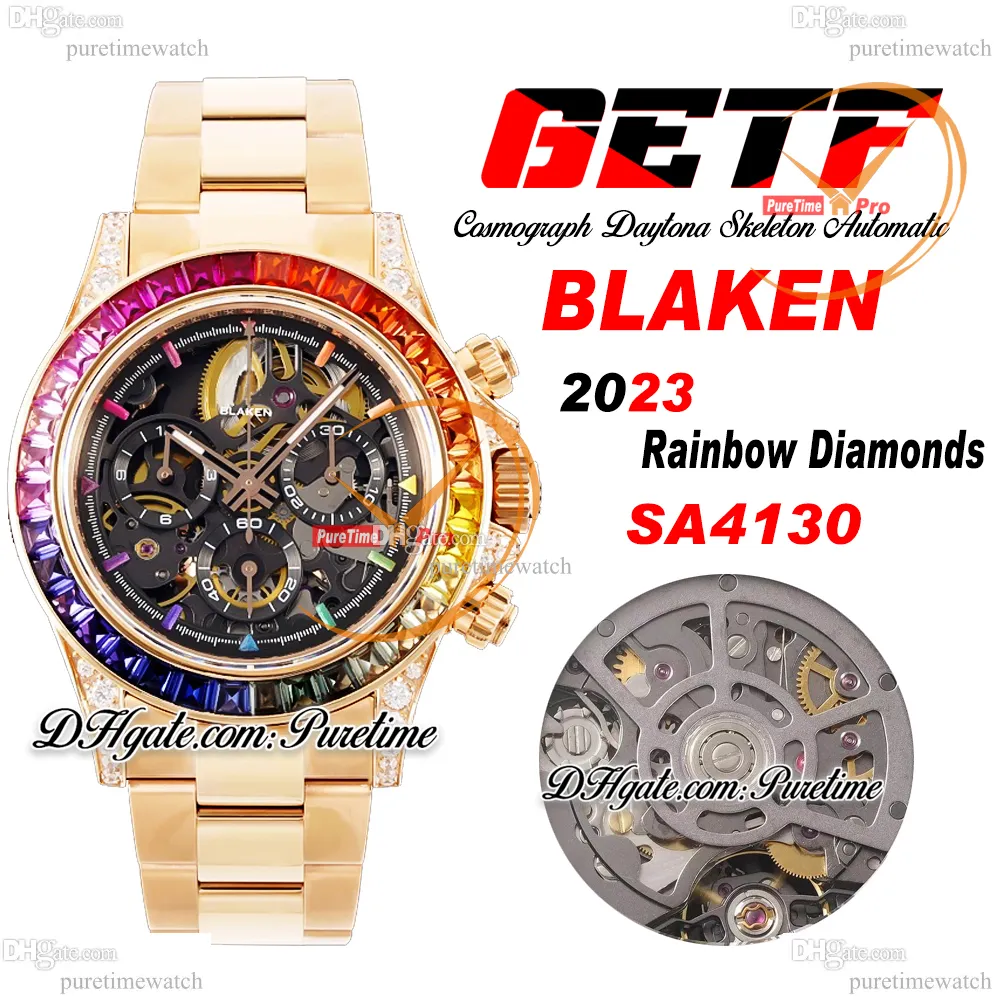 Getf BLACEL SA4130 Automatyczne chronograf szkieletowe szkielet męskie Zachowaj Rose Gold Rainbow Bezel 904L Bransoletka ze stali nierdzewnej Super Edition RELOJ HOMBRE Montre Puretime