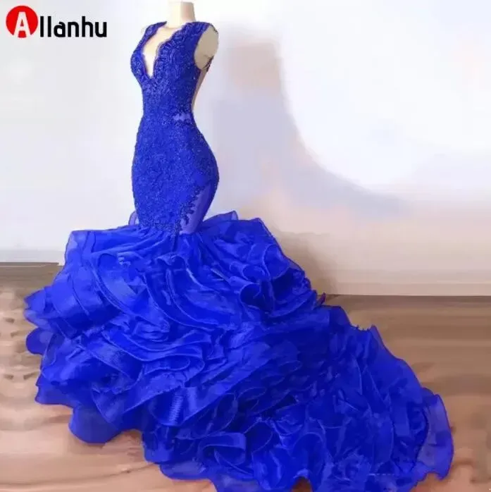 Organza Rüschen Rock V-ausschnitt Königsblau kleider Meerjungfrau Prom Aso Ebi Afrikanische Abendkleider Party Kleider Robe De BES121