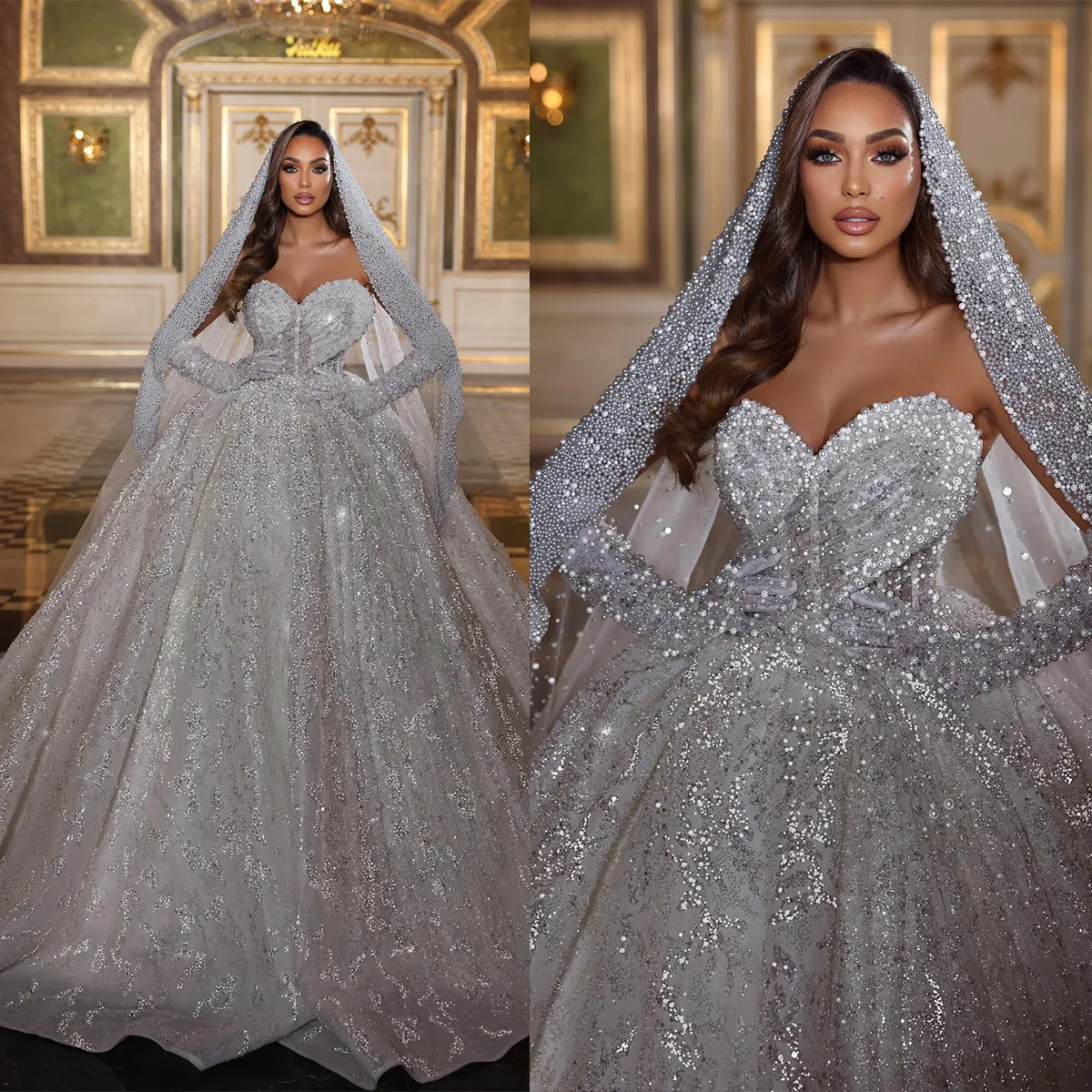 Splendido abito da ballo Abiti da sposa Sweetheart Paillettes brillanti Candidati Perle Abito da cappella Backless Custom Made Plus Size Abito da sposa Vestidos De Novia