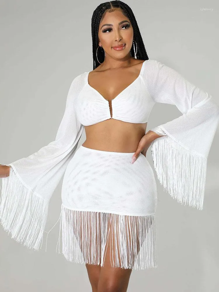 Sultry Two-Piece Skirt Set: Black White Tassel Clubwear, High