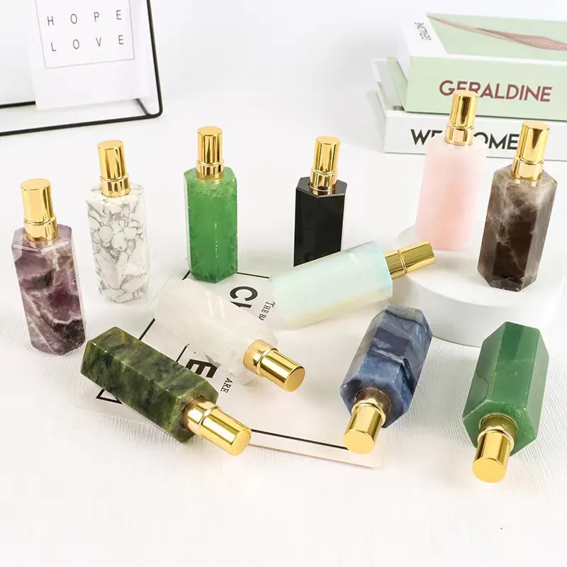 Natural Crystal Rose Quartz Empty Refillable Perfume Bottle Jade Stone Sub-bottle Travel Portable Perfume Atomizer Containers Beauty