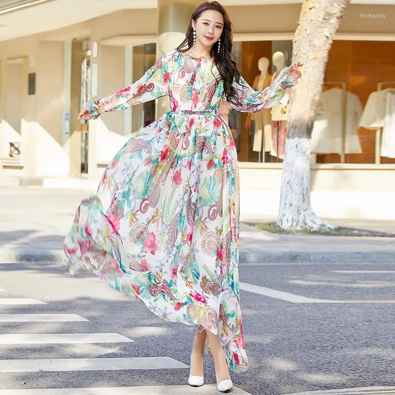 Roupas étnicas Flowy Respirável Chiffon Vestido Longo Maxi Floral Estampado Moda Solta Abaya Roupas Islâmicas Muçulmanas Femininas Vestidos Árabes