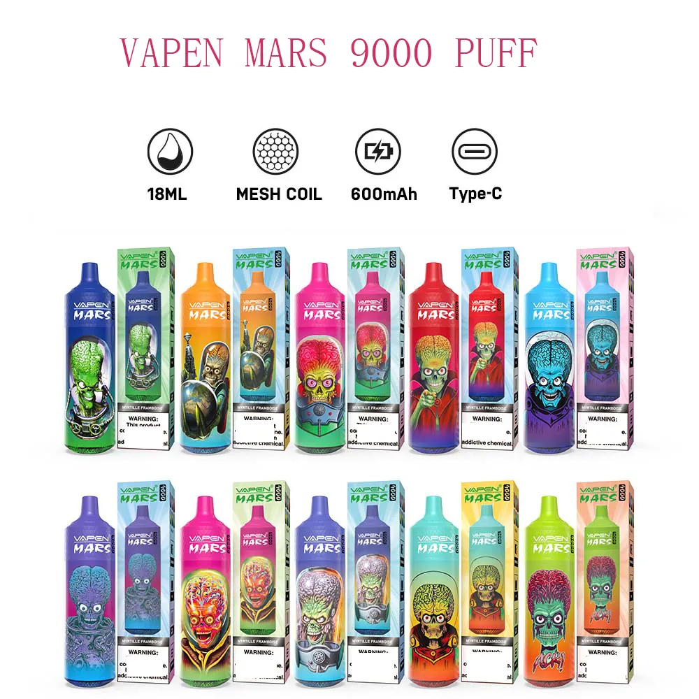 Original Vapen Mars 9000 Puffs E Cigarett Disponible Vape Airflow Control 18 ml VAPE 0/2/5% Laddningsbar 600mAh batterimesh spole RGB Light