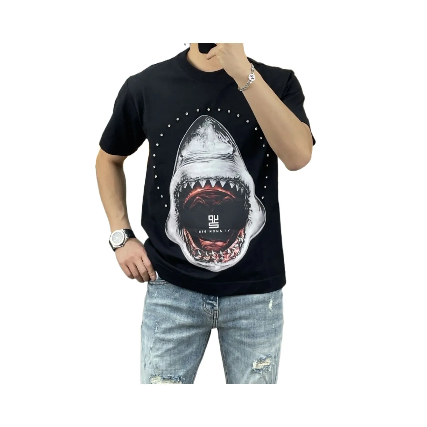 Europese Nieuwe T-shirt Zomer Shark Print Ronde Hals Korte Mouw Heren Losse T-shirt Big Guy Mode Veelzijdig