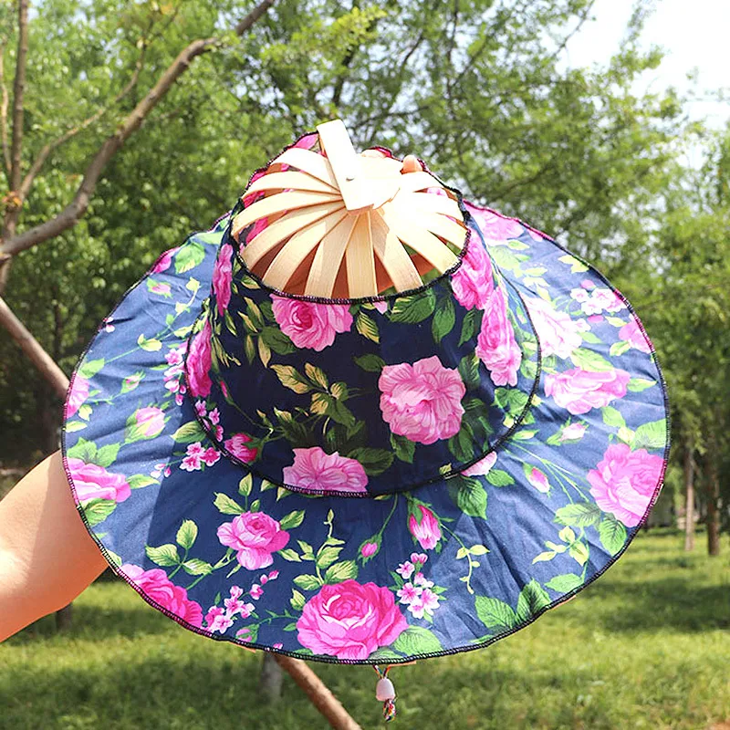 Bamboo Silk Foldable Fan Hat For Women Wide Brim Hawaiian Bucket