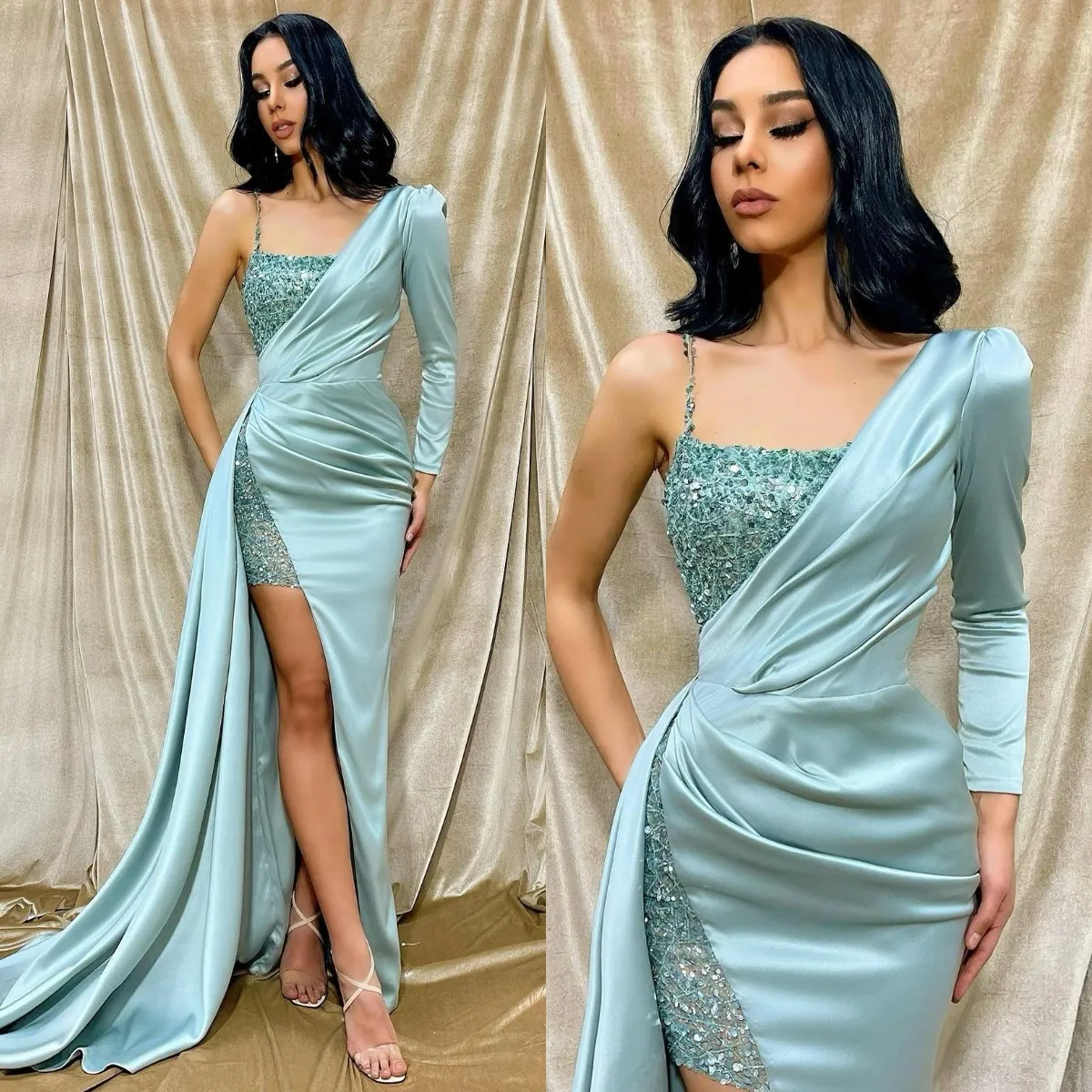 Sexy Mint Green Prom Dresses Sequins One Shoulder Evening Gowns Slit Semi Formal Red Carpet Long Special Occasion dress