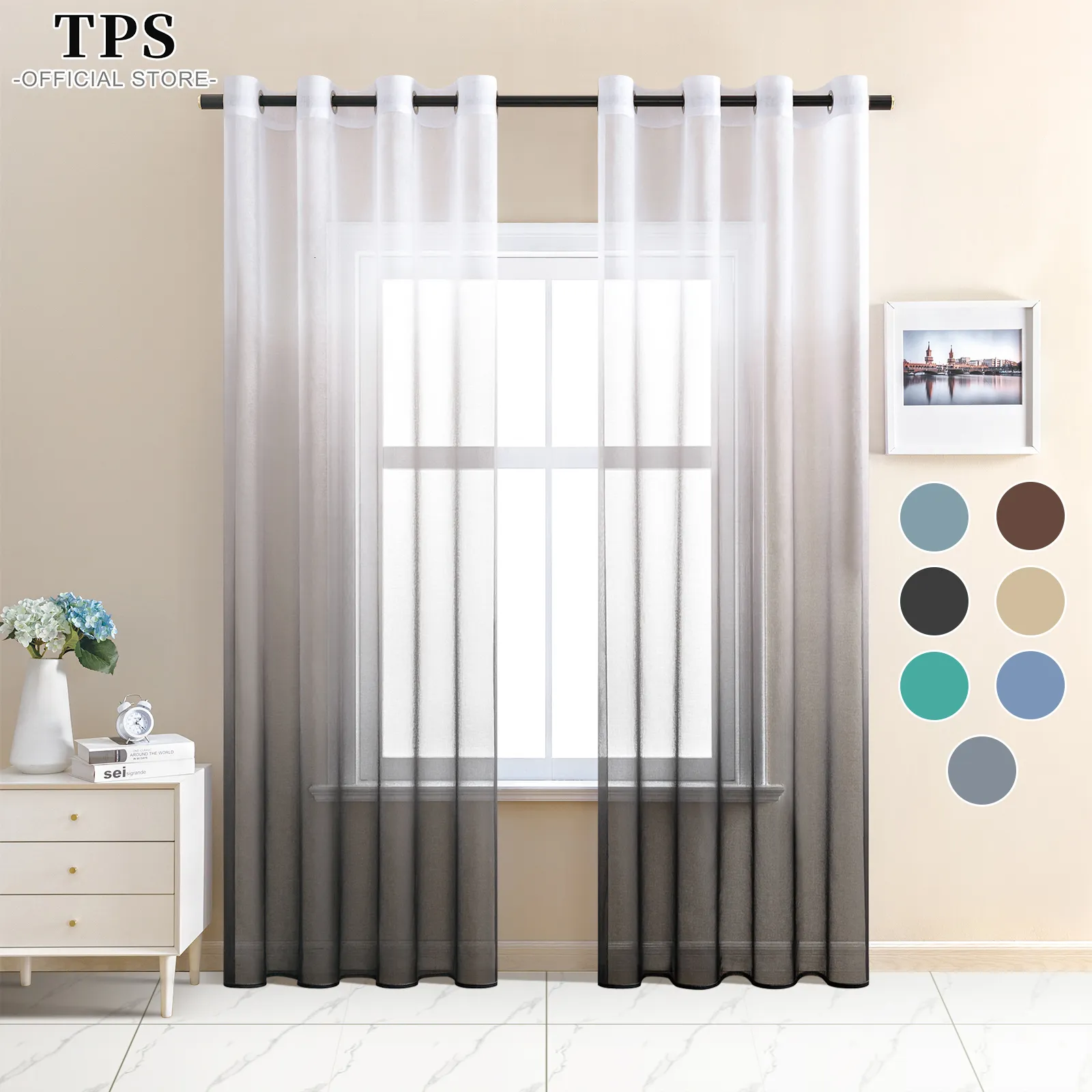 Cortina transparente TPS com gradiente de cor para sala de estar, quarto, tule, cozinha, decoração, tratamento de janelas, cortinas, porta 230619