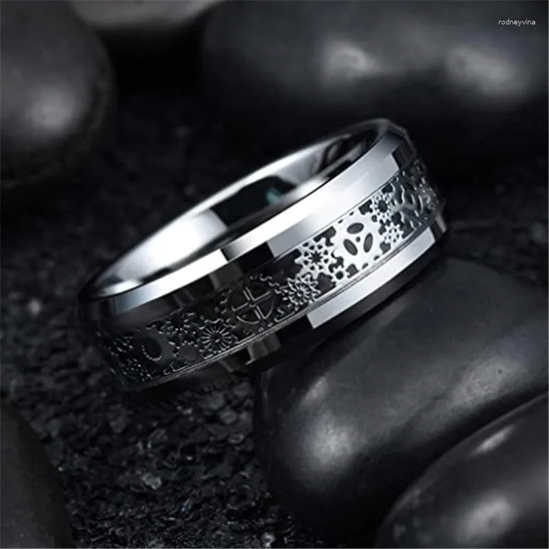 Cluster Rings Mechanical Gear Wheel Ring For Men Tungsten With Light Blue Carbon Fiber Inlay Comfort Fit