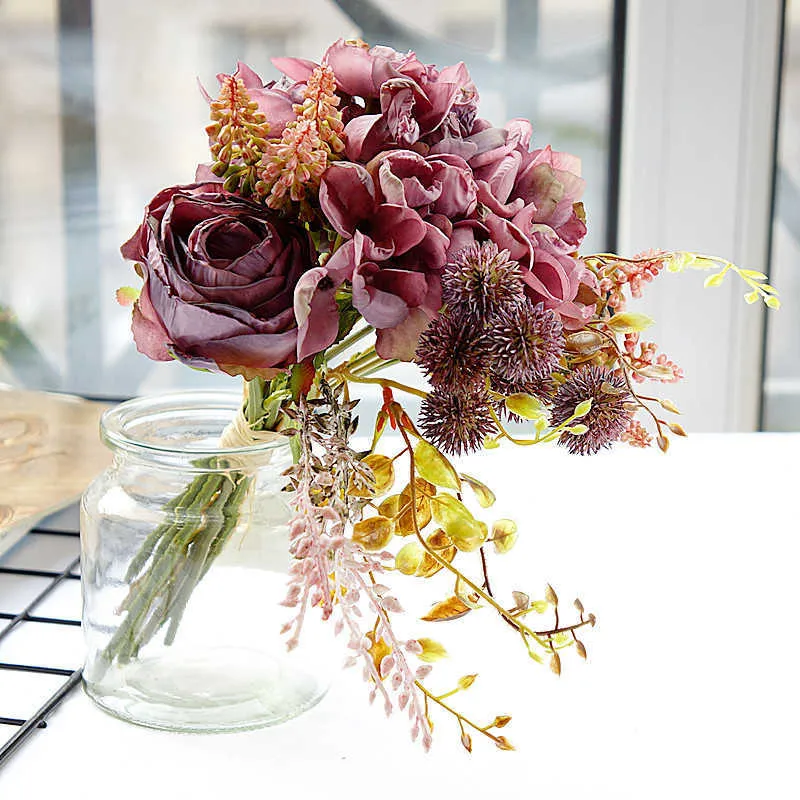 Dried Flowers Artificial Vintage British Rose Hydrangea Bouquet with grass and berries for Home Wedding Decoration Photography Props