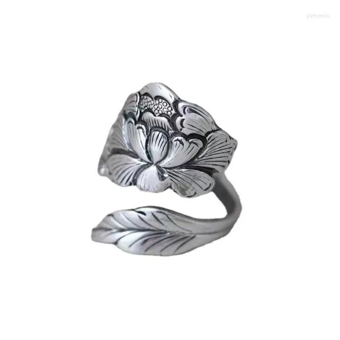 Cluster Rings Product National Standard S990 Pure Silver Retro Craft Women's Simple Fashion Peony Flower Open Ring