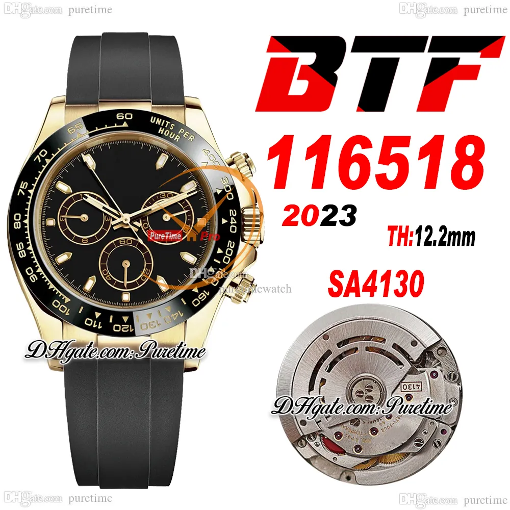 BTF Better SA4130 Automatisk kronograf Mens Watch 904l Steel Yellow Gold Ceramic Bezel Black Stick Dial OysterFlex Rubber Super Edition Reloj Hombre Puretime I9