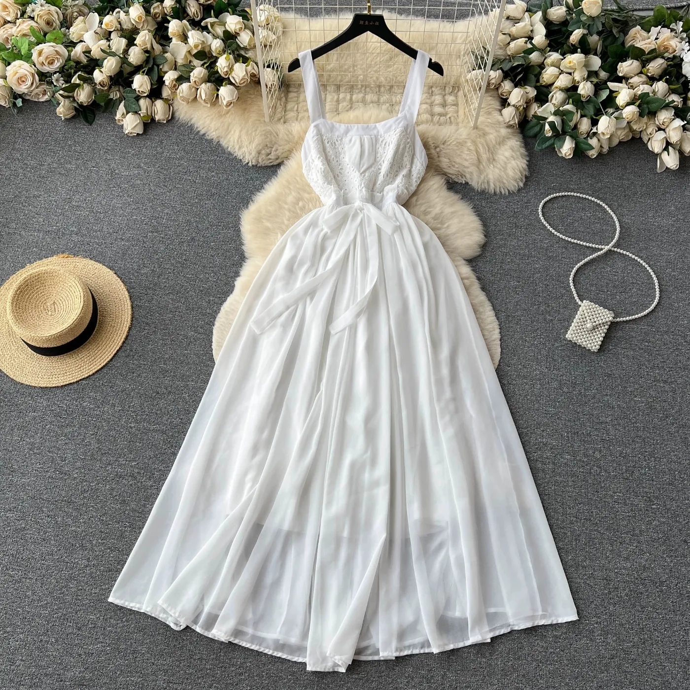 White Fairy dress with Lace-Up Waist, Embroidery, and Patchwork White Fairy dress with Lace-Up Waist, Embroidery, and Patchwork
