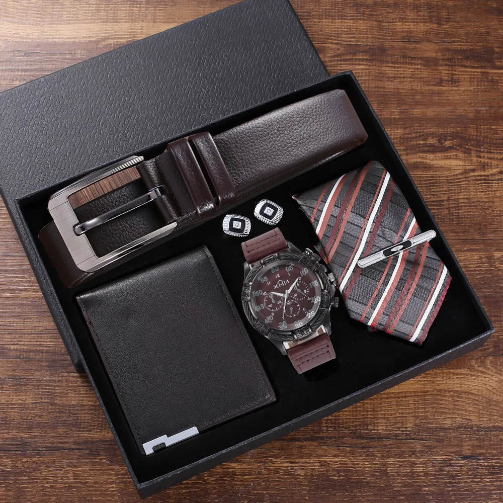 Other Watches Fashion Men's Watch Set Gift Box Leather Belt Wallet Tie Cufflinks Birthday Business Gifts Set for Men Boyfriend Father Husband 230619