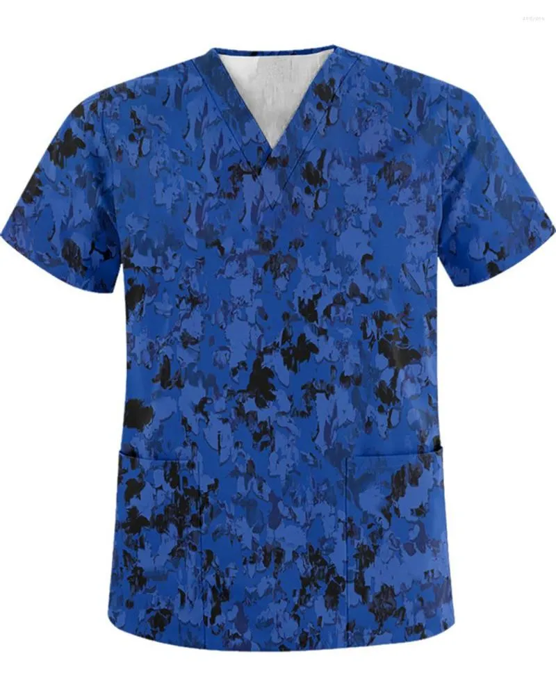 メンズTシャツメンズユニフォームvネックポケットカモフラージ幾何学看護スクラブトッププリント半袖カバーオールTシャツ