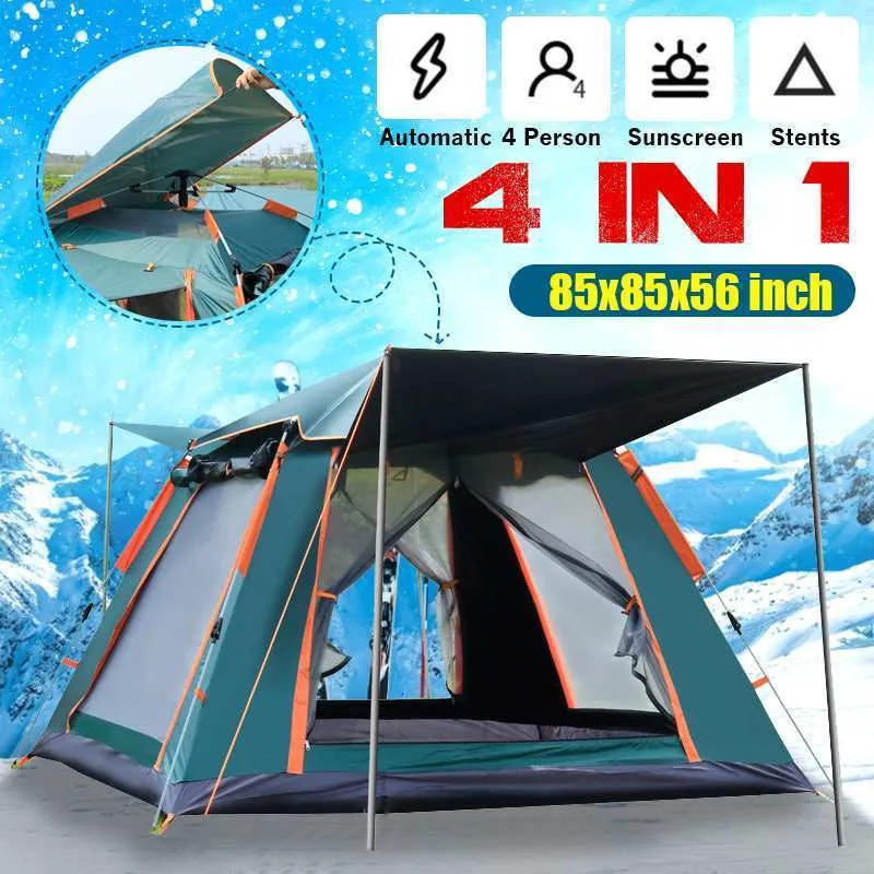 Camping Tent - 4-Person Easy Pop Up Tent With 2 Doors - Upf50+ Waterproof Instant Tent - Lightweight & Portable Family Tents For Outdoor Camping, Hiki